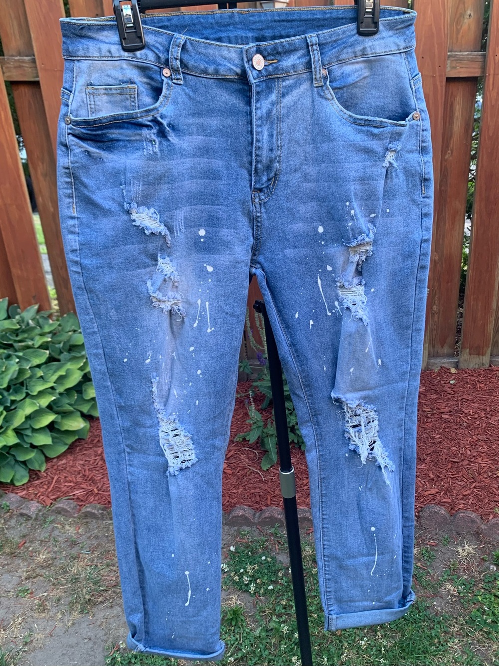 Amazon Blue Distressed Boyfriend Jeans with Paint-Splatter